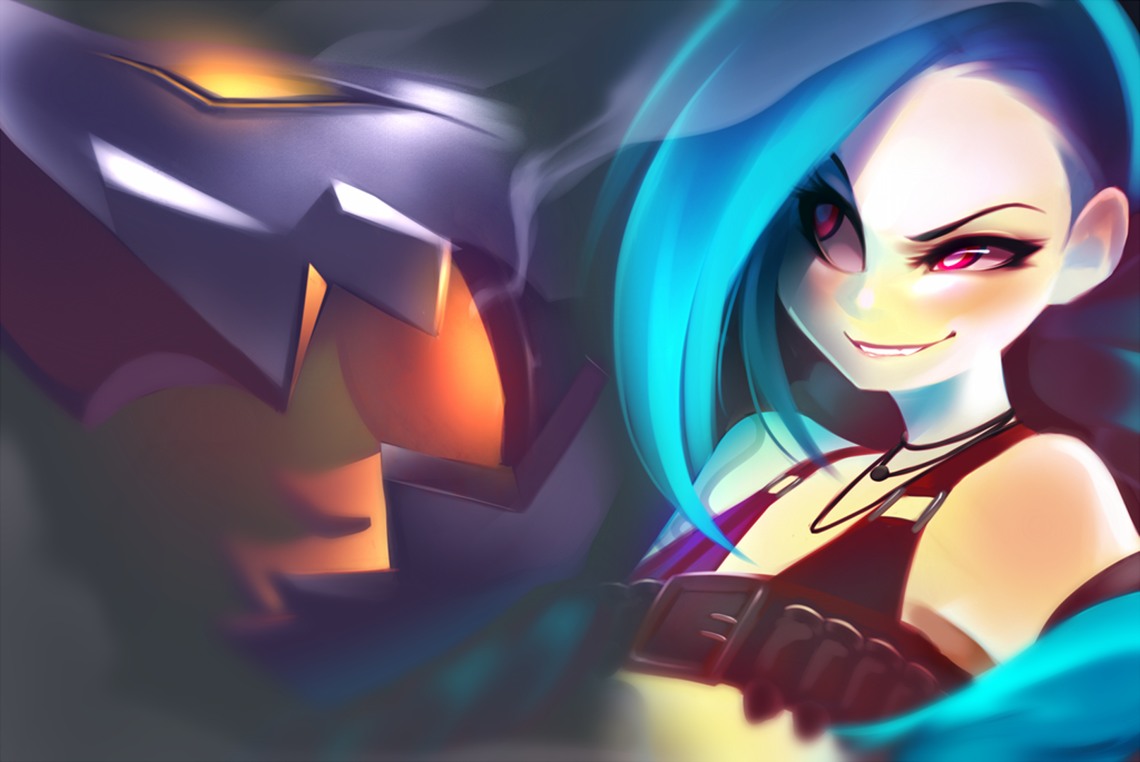 A vibrant HD desktop wallpaper featuring Jinx, a character from League of Legends, showcasing her mischievous smile and iconic blue hair alongside a stylized game element.