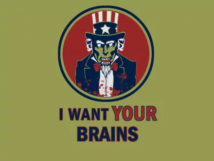 Dark HD wallpaper featuring a zombie version of Uncle Sam with the text I want YOUR brains in blood-spattered letters, creating a spooky and eerie background.
