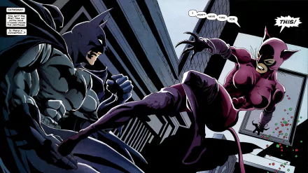 HD PC desktop wallpaper/background: Comic-style Batman and Catwoman from Batman: The Long Halloween clash on a Gotham rooftop with dynamic night angles.