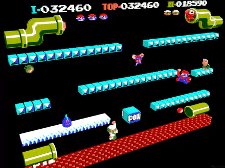 HD PC desktop wallpaper featuring a classic Mario Bros. video game scene with pixelated platforms, characters, pipes, and enemies in vibrant colors.