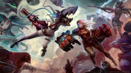 HD wallpaper featuring characters Caitlyn, Blitzcrank, Malphite, Sona, VI, Jinx, and Zed from League of Legends in an action-packed scene.
