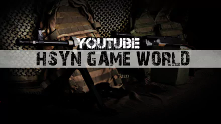 HD PC desktop wallpaper featuring a tactical video game scene with military gear and the text YOUTUBE HSYN GAME WORLD prominently displayed.