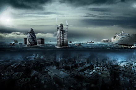 HD desktop wallpaper depicting a post-apocalyptic scene with buildings and boats submerged underwater, creating an eerie, flooded ocean landscape.