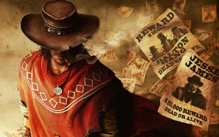 Call of Juarez video game cowboy in red poncho and wide-brim hat, smoke curling from his mouth, wanted posters and dusty western backdrop — 4K Ultra HD PC desktop wallpaper.