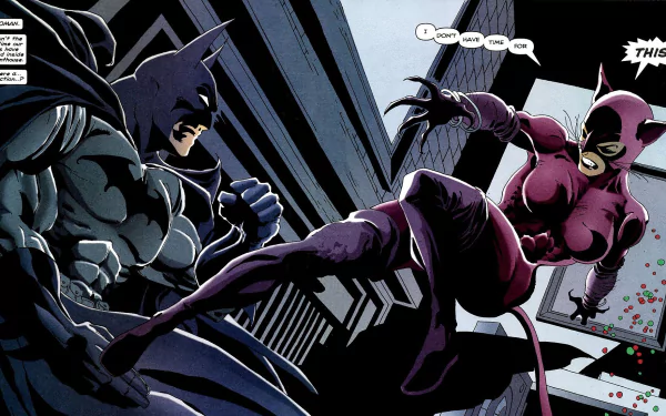 HD PC desktop wallpaper/background: Comic-style Batman and Catwoman from Batman: The Long Halloween clash on a Gotham rooftop with dynamic night angles.