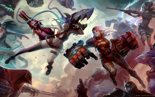 HD wallpaper featuring characters Caitlyn, Blitzcrank, Malphite, Sona, VI, Jinx, and Zed from League of Legends in an action-packed scene.