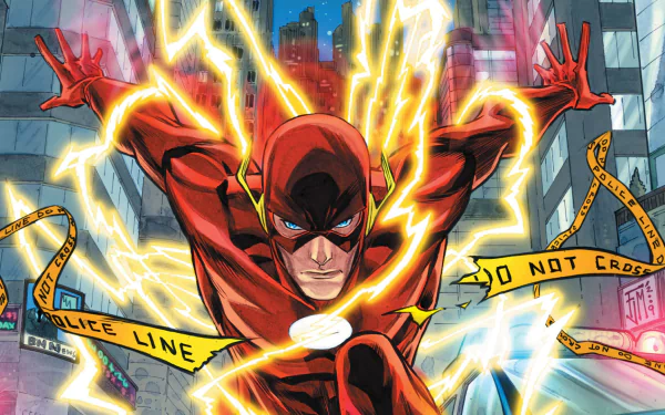 A dynamic HD wallpaper featuring Barry Allen, also known as The Flash, dashing through a city with lightning surrounding him, embodying the energy of DC Comics.