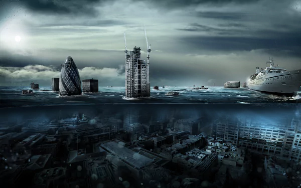 HD desktop wallpaper depicting a post-apocalyptic scene with buildings and boats submerged underwater, creating an eerie, flooded ocean landscape.