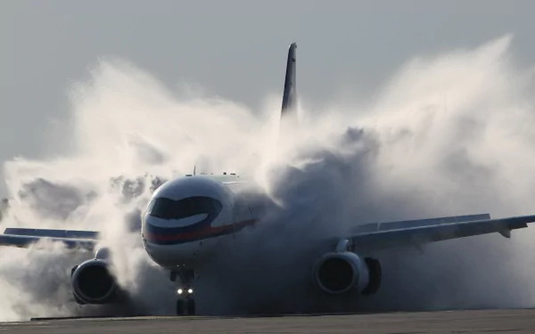 A Sukhoi SuperJet 100 aircraft takes off surrounded by a dramatic splash of water, captured in a stunning 4K Ultra HD image, showcasing its powerful performance.