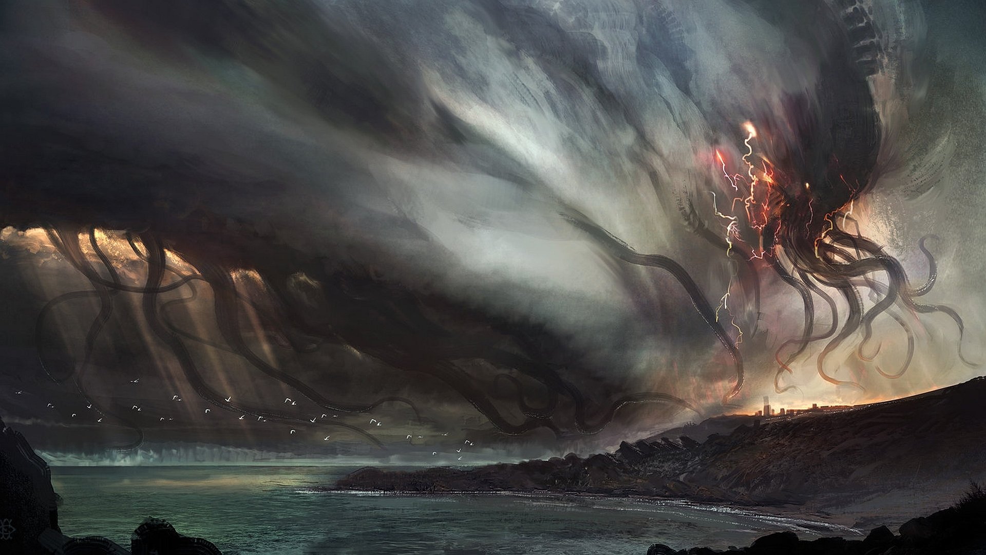 HD fantasy desktop wallpaper featuring a colossal dark creature with glowing eyes and tentacles looming over a coastal city beneath a stormy sky.
