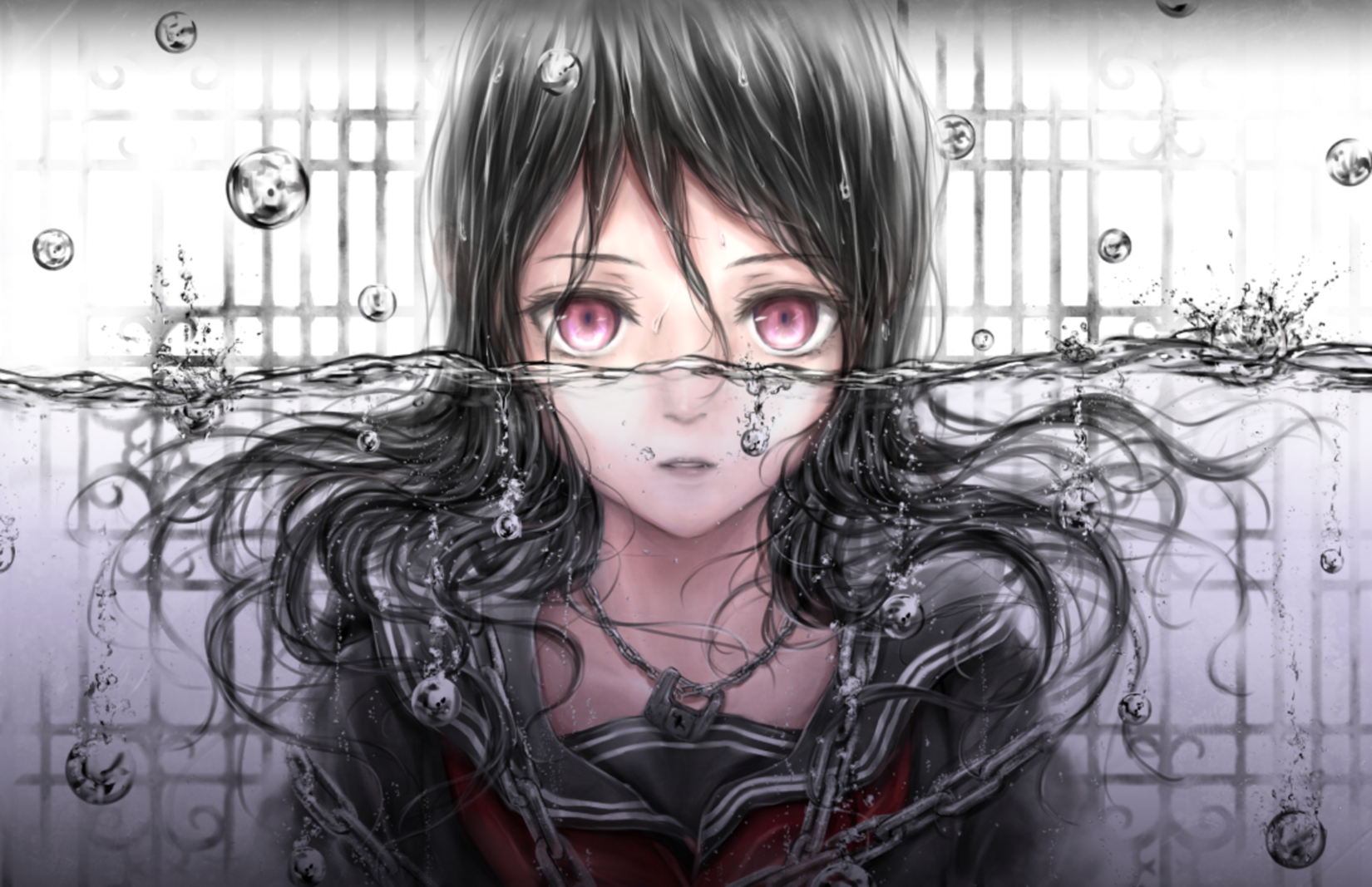 A captivating anime-inspired HD desktop wallpaper featuring a girl with long black hair and striking pink eyes, partially submerged in water, surrounded by bubbles.