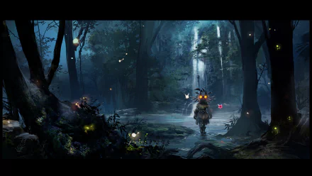HD desktop wallpaper of The Legend of Zelda: Majora's Mask, featuring a scene with a character in a mystical forest illuminated by soft light and glowing orbs.