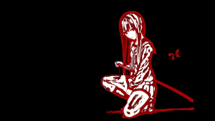 HD PC desktop wallpaper featuring a red and white stylized anime character from Akame ga Kill! kneeling with a sword against a black background.