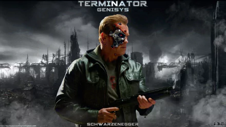 A high-definition wallpaper from the movie Terminator Genisys, featuring Arnold Schwarzenegger as a cybernetic character in a post-apocalyptic setting.