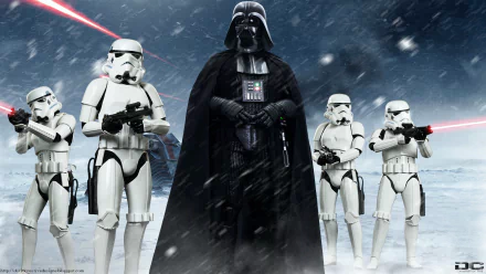 HD desktop wallpaper featuring Darth Vader and four stormtroopers in a snowy battlefield from Star Wars, tagged with movie and Hot Toys. Red laser beams are seen in the background.