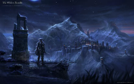 A stunning HD wallpaper featuring a lone figure overlooking a mystical landscape in The Elder Scrolls Online, with mountains and a distant city illuminated by night.