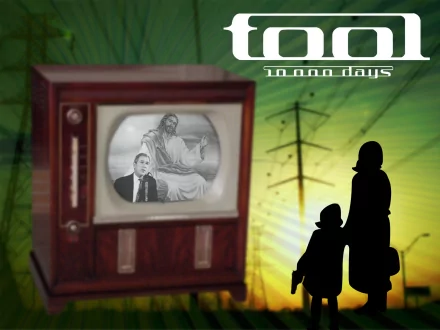HD desktop wallpaper featuring a retro TV showing Jesus and George W. Bush, with silhouettes of people and power lines, inspired by Tool's 10,000 Days album art.