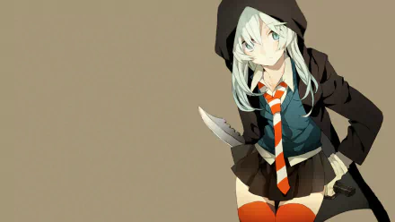 Anime-style original character with white hair and blue eyes wears a black hoodie, red-and-white necktie, and orange thigh-high socks, holding a knife in this HD PC desktop wallpaper.