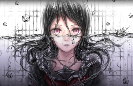 A captivating anime-inspired HD desktop wallpaper featuring a girl with long black hair and striking pink eyes, partially submerged in water, surrounded by bubbles.