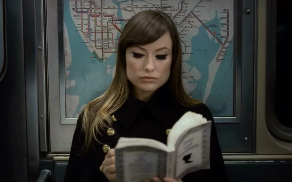 HD desktop wallpaper: an actress from the movie The Longest Week reads a book on a subway car, a transit map visible on the wall behind her.