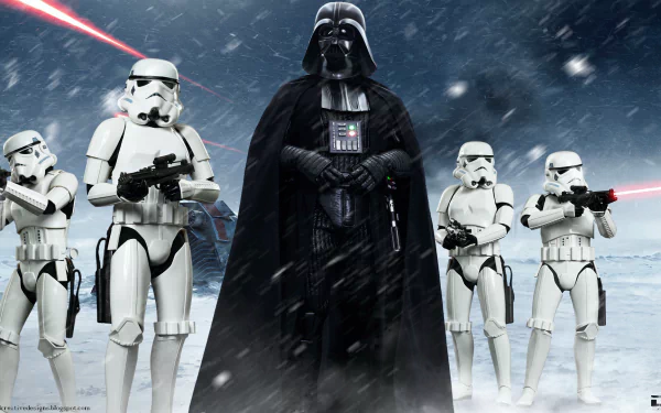 HD desktop wallpaper featuring Darth Vader and four stormtroopers in a snowy battlefield from Star Wars, tagged with movie and Hot Toys. Red laser beams are seen in the background.