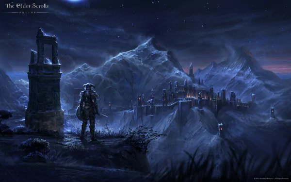 A stunning HD wallpaper featuring a lone figure overlooking a mystical landscape in The Elder Scrolls Online, with mountains and a distant city illuminated by night.