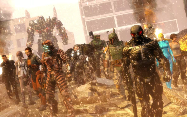 HD PC desktop wallpaper collage featuring Claire Farron and iconic video game characters in a dynamic crossover scene.