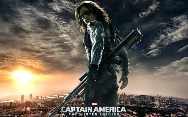 High-definition image of Sebastian Stan as the Winter Soldier in Captain America: The Winter Soldier, set against a dramatic skyline at sunset.
