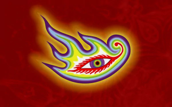 HD desktop wallpaper featuring the symbolic art of the music band Tool, depicting a multicolored, flame-like eye motif on a red background.
