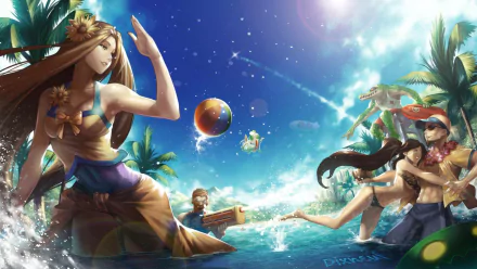 A vibrant HD wallpaper featuring characters Ziggs, Leona, Nidalee, Lee Sin, Renekton, and Graves from League of Legends enjoying a playful day at the beach.