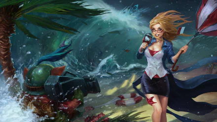 Janna from League of Legends stands confidently with an umbrella, reporting amidst a stormy backdrop, showcasing vibrant colors and dynamic action in this HD desktop wallpaper.