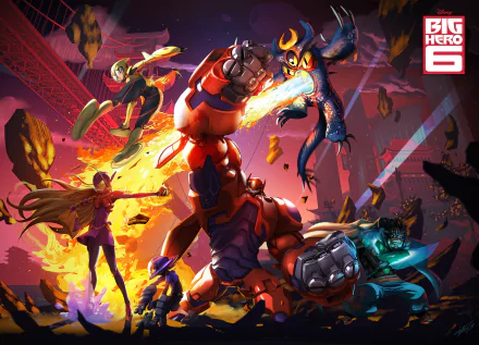 Vibrant HD wallpaper from the movie Big Hero 6, showcasing a dynamic battle scene with the main characters amidst colorful explosions and action-packed energy.