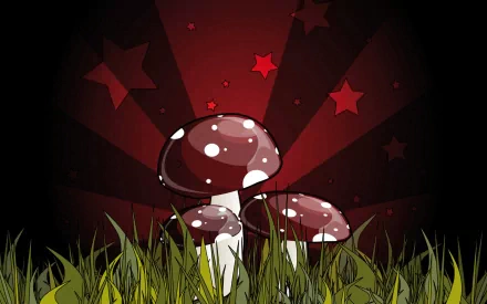 Artistic HD wallpaper featuring mushrooms in a grassy field with a dark red starry background.