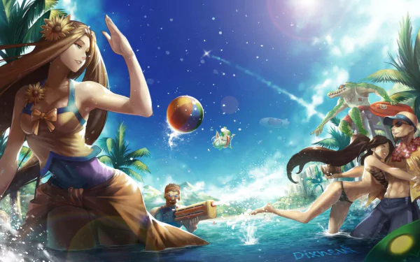A vibrant HD wallpaper featuring characters Ziggs, Leona, Nidalee, Lee Sin, Renekton, and Graves from League of Legends enjoying a playful day at the beach.