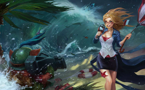 Janna from League of Legends stands confidently with an umbrella, reporting amidst a stormy backdrop, showcasing vibrant colors and dynamic action in this HD desktop wallpaper.