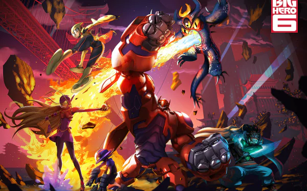 Vibrant HD wallpaper from the movie Big Hero 6, showcasing a dynamic battle scene with the main characters amidst colorful explosions and action-packed energy.