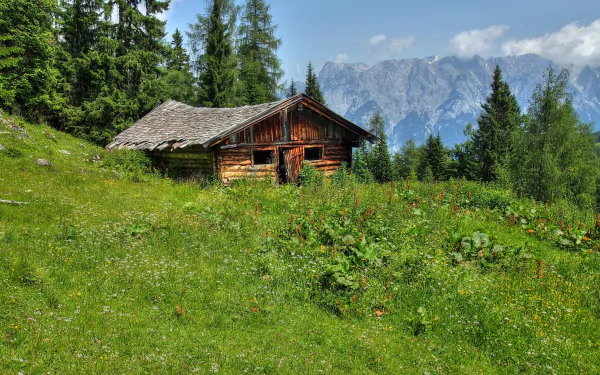 4K Ultra HD PC desktop wallpaper of a man-made wooden cabin in a sunlit alpine meadow, surrounded by evergreens and distant mountain peaks.