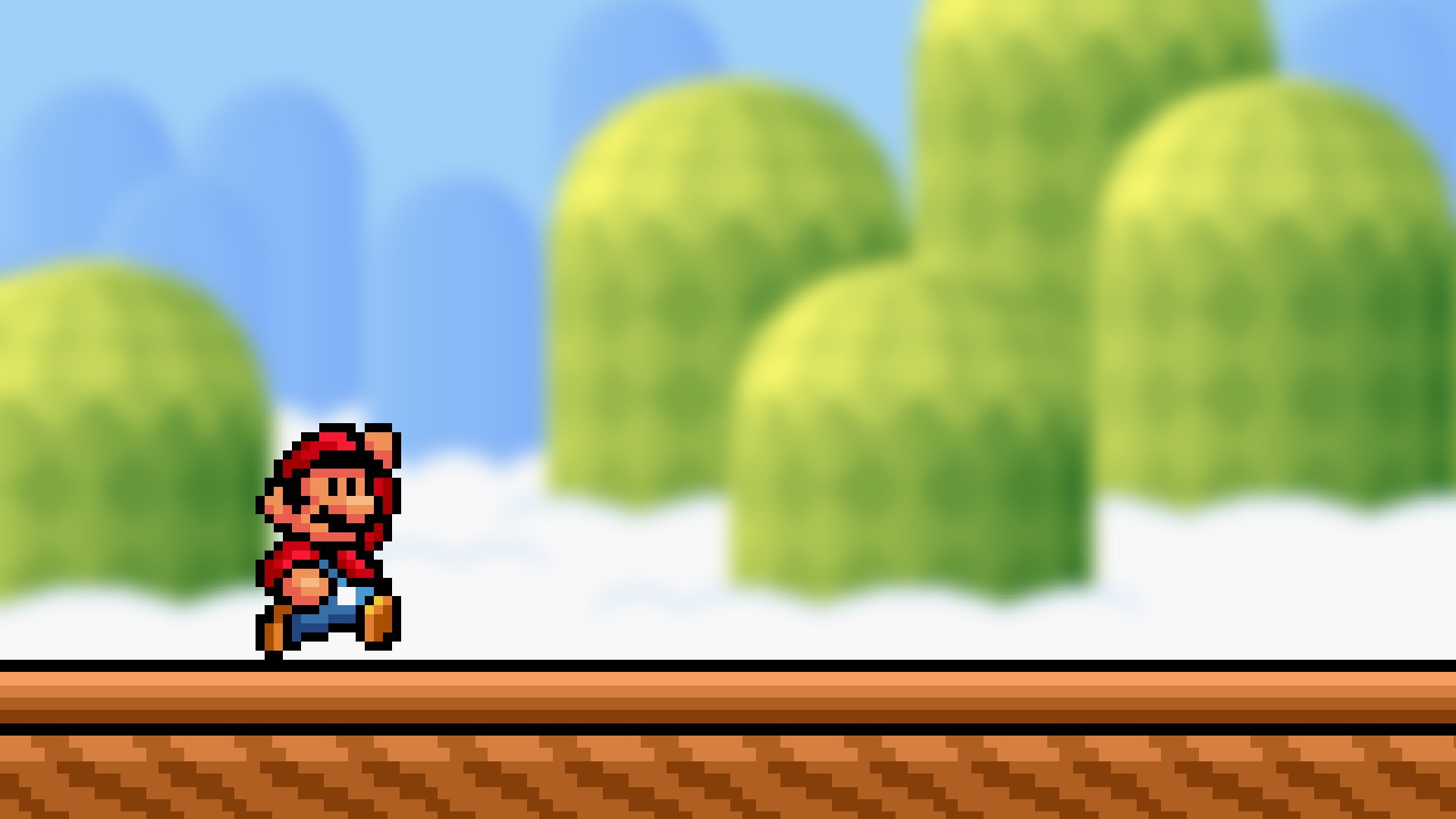 HD PC desktop wallpaper featuring pixel art of Mario from the video game Super Mario Bros. against a blurred green hill background.