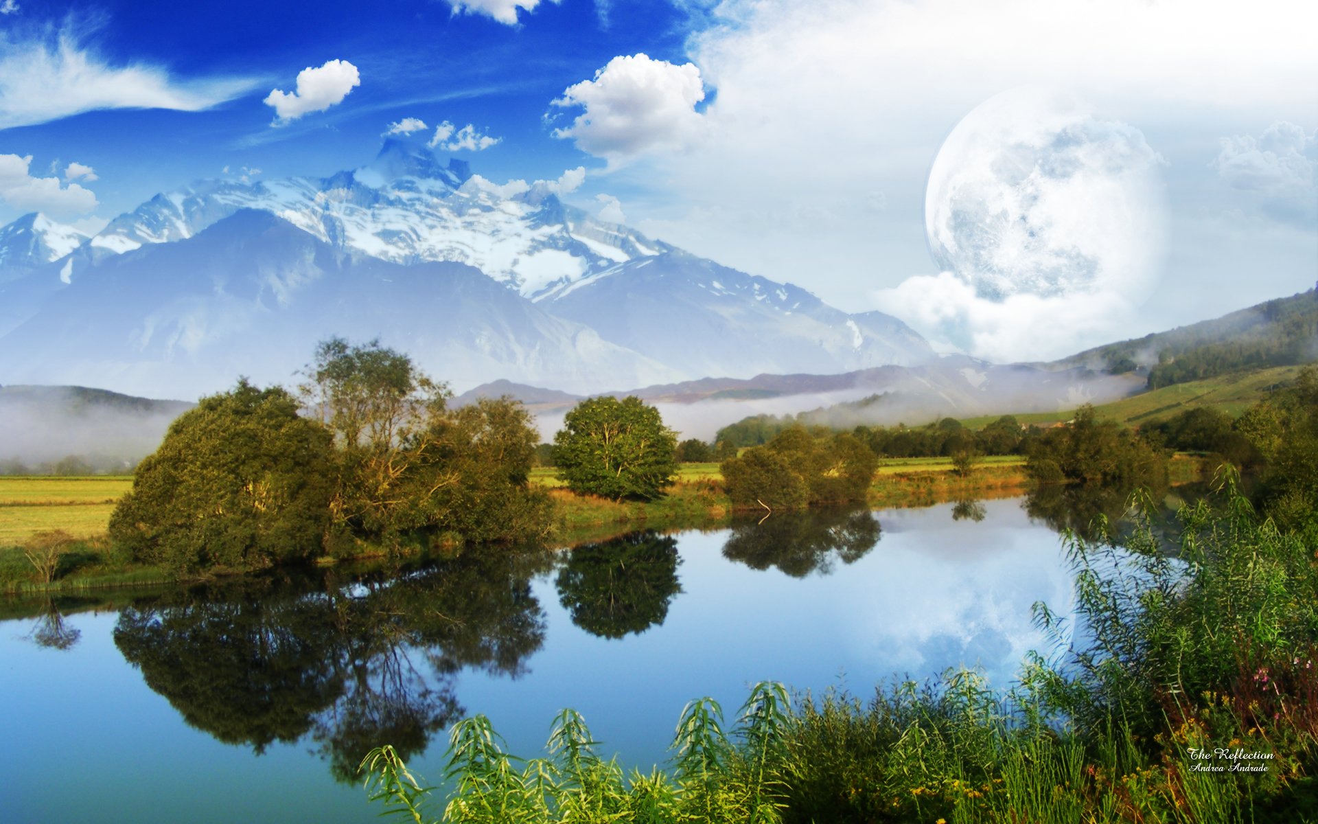 HD PC desktop wallpaper/background: artistic landscape of a tranquil lake reflecting trees and reeds, with green hills and distant snow-capped mountains under a bright sky with a pale moon.