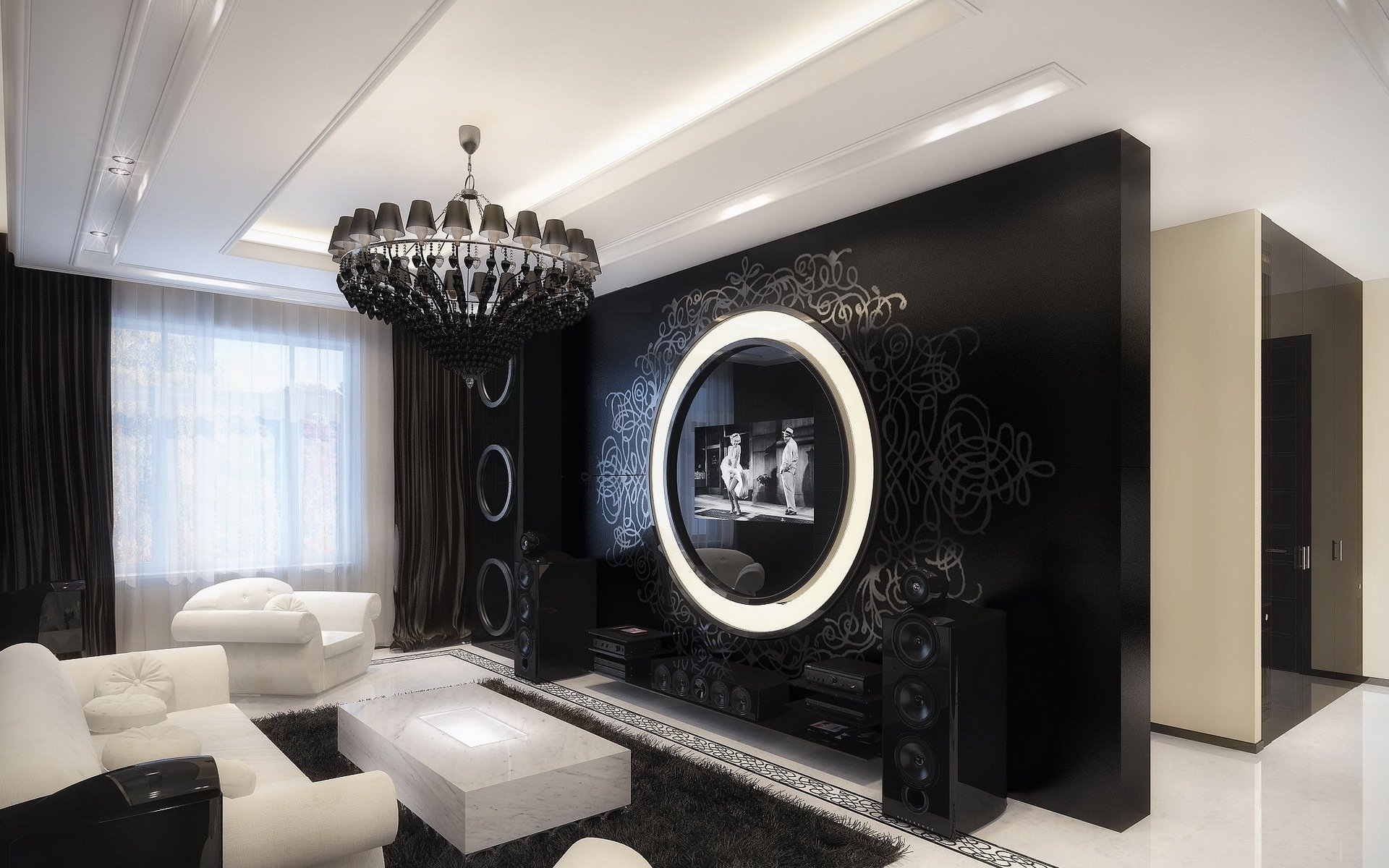 HD PC desktop wallpaper: modern man-made room with white sofas, black accent wall with circular illuminated frame around a TV, chandelier, rug and glossy floor.