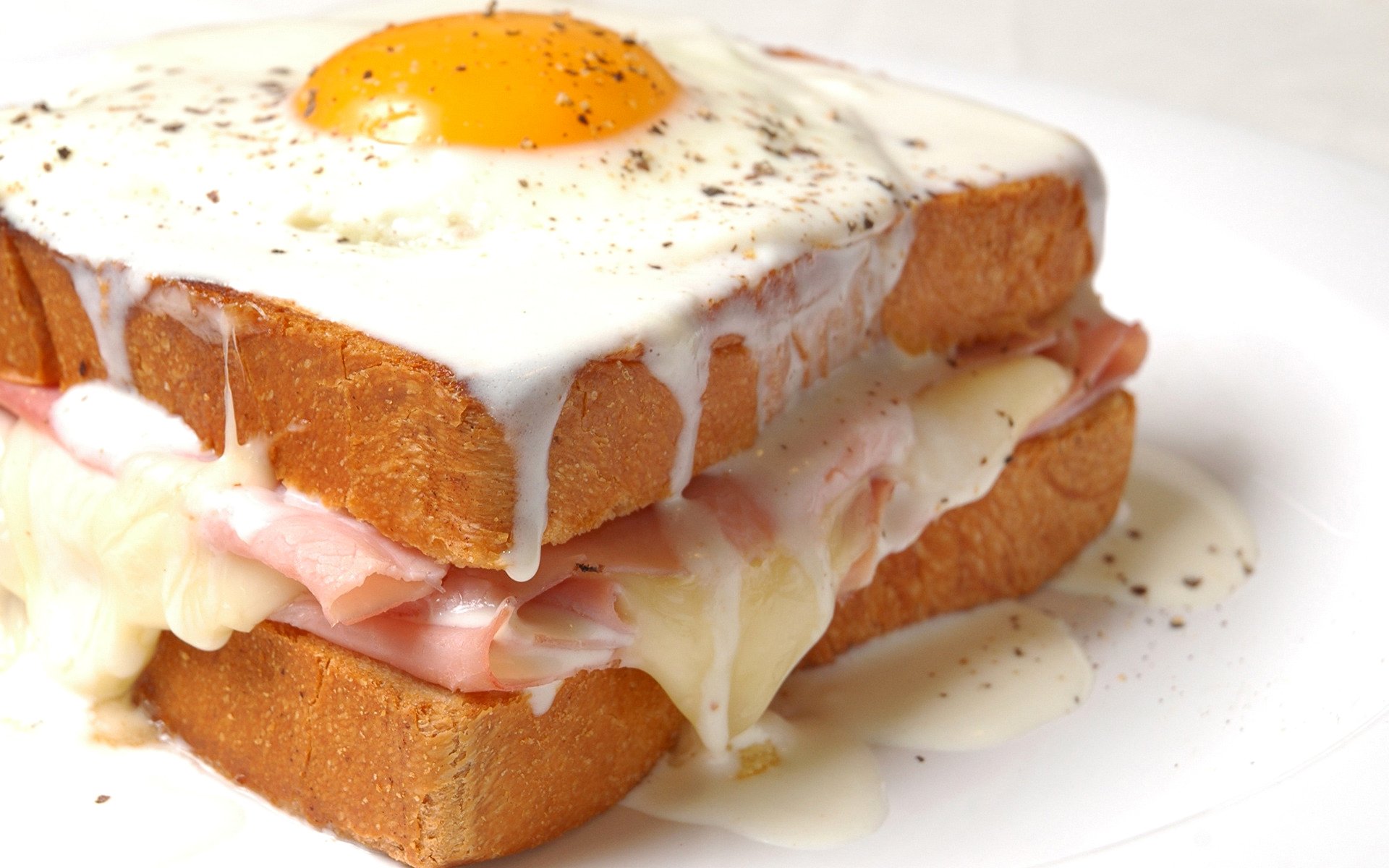 HD desktop wallpaper featuring a close-up of a sandwich with melted cheese, ham, and a fried egg on top, showcasing delicious food with vibrant textures.