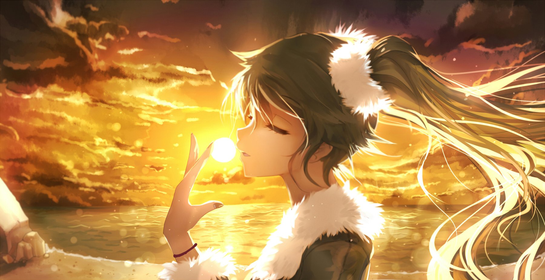 Anime-inspired HD wallpaper featuring Hatsune Miku with long hair against a stunning sunset, clouds, and sky reflections, evoking a serene and artistic vibe.