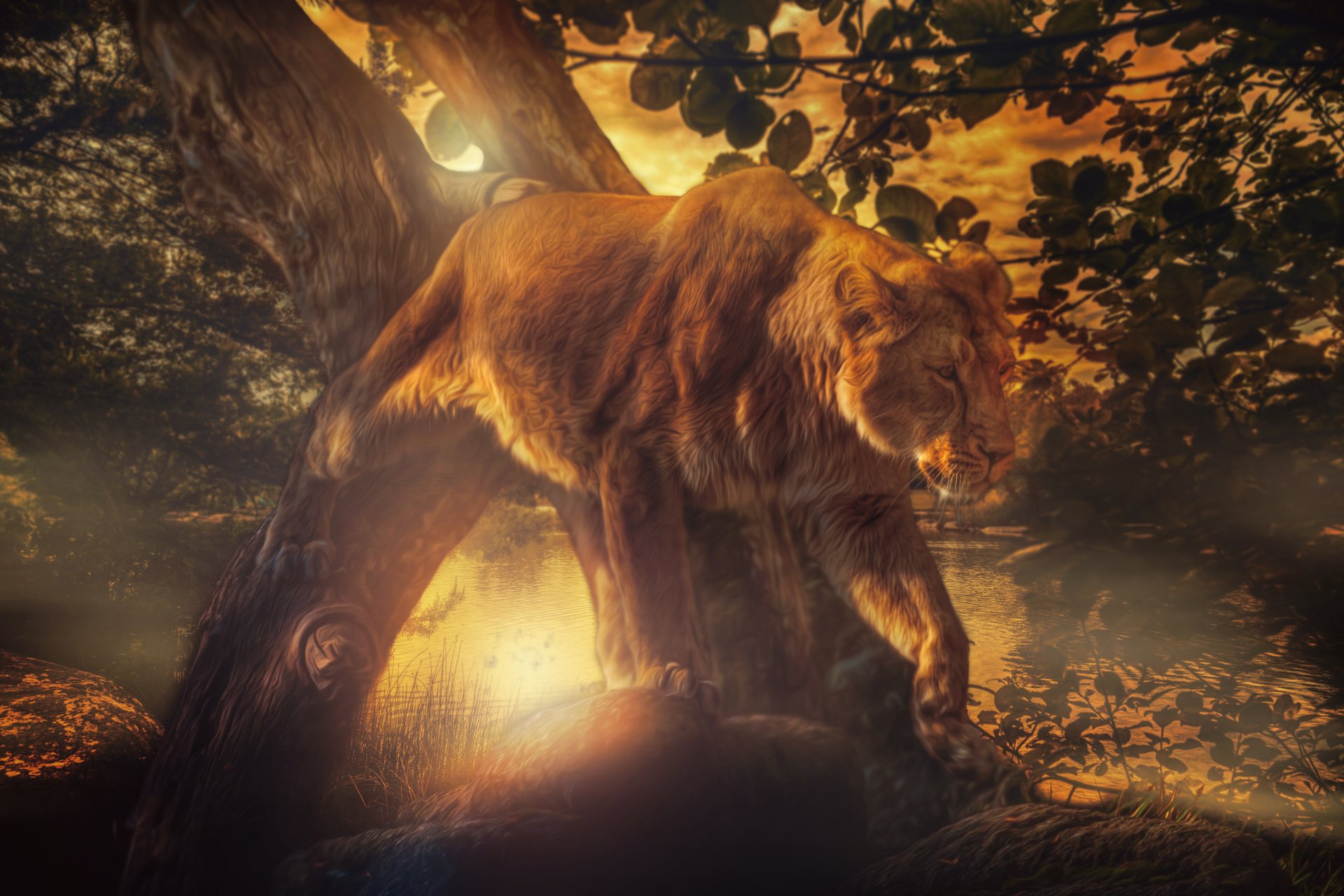 A surreal scene featuring a lioness reflected in a shimmering sunset, surrounded by lush foliage, creating a captivating atmosphere for an HD desktop wallpaper.
