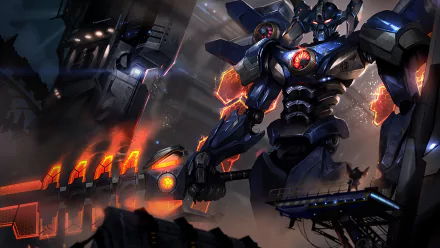 HD PC desktop wallpaper of Aatrox (League of Legends): a towering mech-like warrior with a glowing blade over a fiery industrial battlefield — video game background.