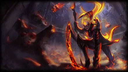 HD PC desktop wallpaper featuring Diana from the video game League of Legends, depicted with fiery glowing armor and weapons in a dark, intense environment.