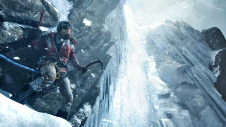 Lara Croft climbs a frozen cliff face in this HD wallpaper from *Rise of the Tomb Raider*, showcasing her adventurous spirit and resilience in a snowy landscape.