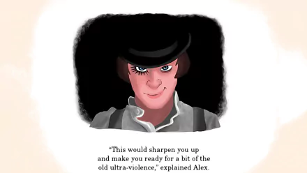 HD PC desktop wallpaper: stylized portrait of Alex from the movie A Clockwork Orange in bowler hat and single false eyelash, menacing smile against a dark vignette with a short quote below.