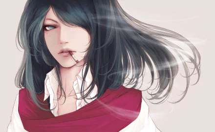 A stylish anime character exhaling smoke, featuring long, flowing black hair and a confident gaze. Created as an original HD desktop wallpaper and background.