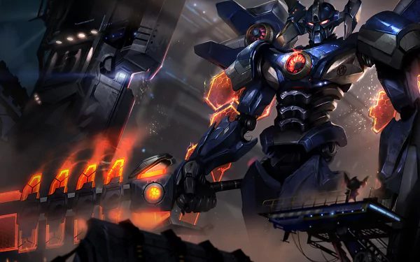 HD PC desktop wallpaper of Aatrox (League of Legends): a towering mech-like warrior with a glowing blade over a fiery industrial battlefield — video game background.