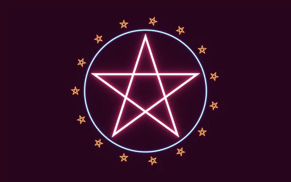 An abstract HD desktop wallpaper featuring a glowing pentagram surrounded by a circle of stars, set against a dark background.